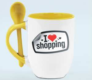 I Love shopping кружка с ложкой в ручке (цвет: белый + желтый)