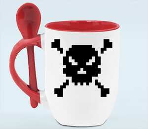 Pixel Art Skull кружка с ложкой в ручке (цвет: белый + красный)