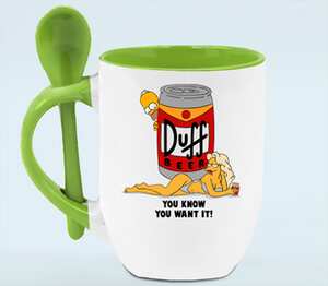 Симпсоны пиво Duff - ты знаешь, ты хочешь его / you know you want it кружка с ложкой в ручке (цвет: белый + зеленый)