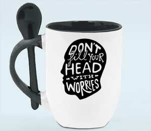 Dont fill your head with worries - не забивайте голову заботами кружка с ложкой в ручке (цвет: белый + черный)