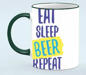 Eat sleep beer repeat - поешь, поспи, попей пива - повтори кружка с кантом с полной запечаткой (цвет: белый + зеленый)