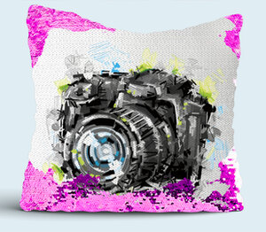Фотоаппарат подушка с пайетками (цвет: белый + сиреневый)