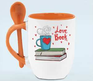 Love book - люблю книги  кружка с ложкой в ручке (цвет: белый + оранжевый)