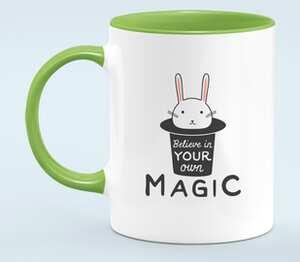 Кролик в шляпе иллюзиониста, верь в магию (believe in your own magic) кружка двухцветная (цвет: белый + светло-зеленый)