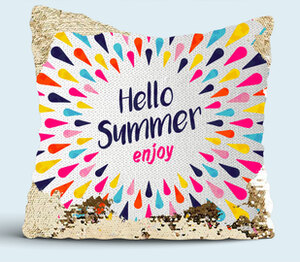Привет лето (hello summer enjoy) подушка с пайетками (цвет: белый + золотой)