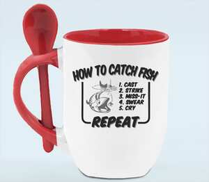 Как ловить рыбу (how to catch fish: cast, strike, miss-it, swear, cry - repeat) кружка с ложкой в ручке (цвет: белый + красный)