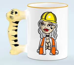 Девушка строитель кружка с ручкой в виде тигра (цвет: белый + оранжевый)