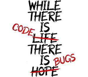 Пока есть код, будут и баги / while there is life (code) there is hope (bugs) кухонный фартук (цвет: белый + синий)
