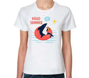 Акула на круге - привет лето / hello summer женская футболка с коротким рукавом (цвет: белый)