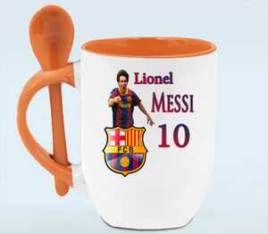 Lionel Messi 10 кружка с ложкой в ручке (цвет: белый + оранжевый)