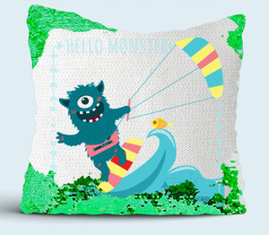 Монстр на кайте - hello monster подушка с пайетками (цвет: белый + зеленый)