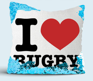 I Love Rugby подушка с пайетками (цвет: белый + синий)