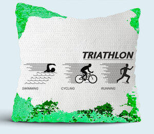 Триатлон - плавание, велосипед, бег (Triathlon - swimming, cycling, running) подушка с пайетками (цвет: белый + зеленый)