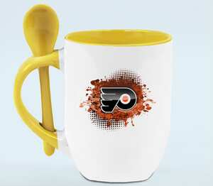 Филадельфия Флайерз (Philadelphia Flyers) кружка с ложкой в ручке (цвет: белый + желтый)