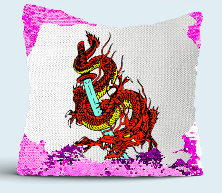 Дракон на мече подушка с пайетками (цвет: белый + сиреневый)