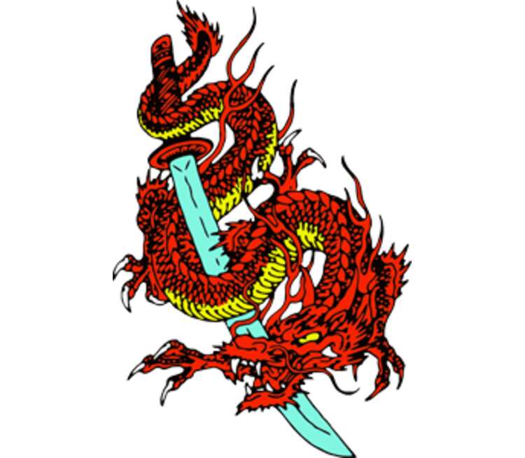 Дракон на мече кружка с ложкой в ручке (цвет: белый + красный)