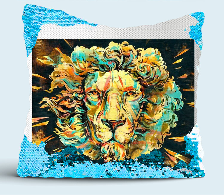 King Crown Lion подушка с пайетками (цвет: белый + синий)