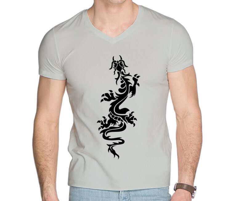 Татуировка дракон мужская футболка с коротким рукавом v-ворот (цвет: серебро)