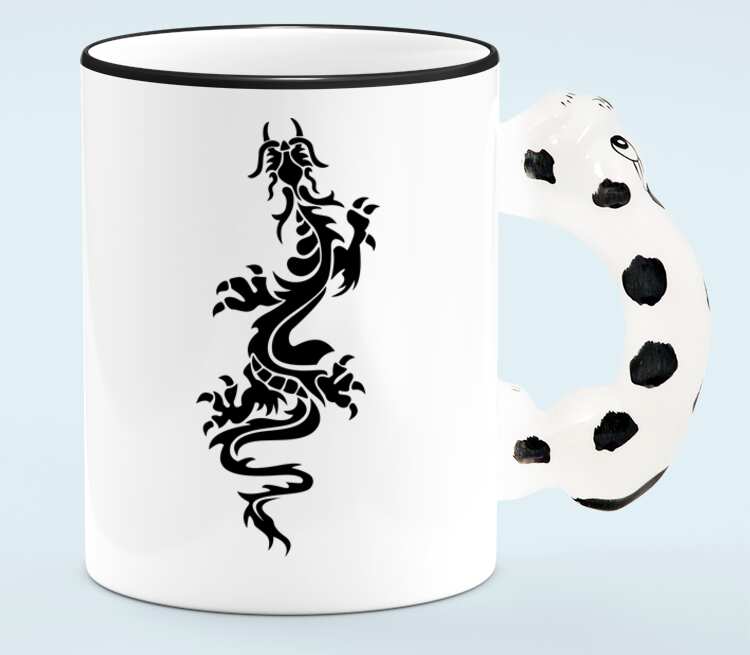 Татуировка дракон кружка с ручкой в виде собаки (цвет: белый + черный)