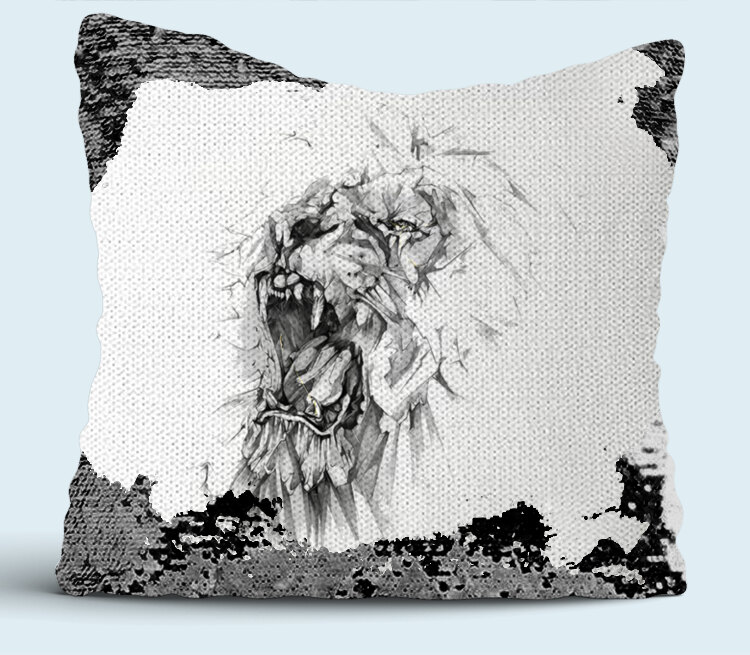 Свирепый лев подушка с пайетками (цвет: белый + черный)