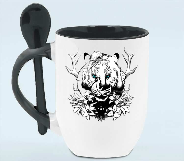 Тигр кружка с ложкой в ручке (цвет: белый + черный)