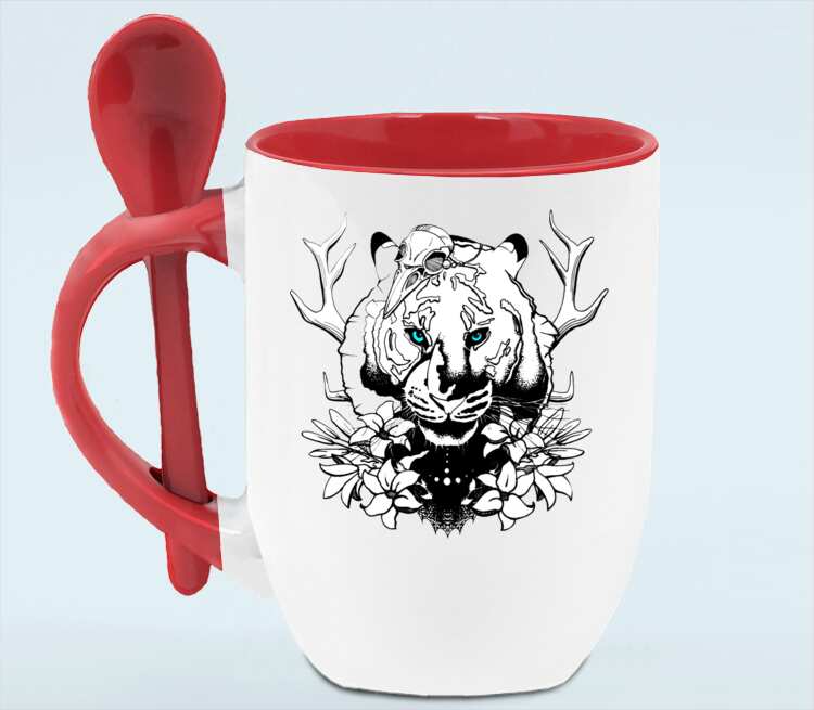 Тигр кружка с ложкой в ручке (цвет: белый + красный)