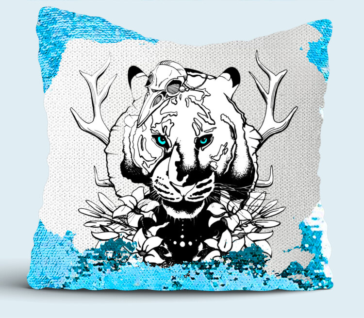 Тигр подушка с пайетками (цвет: белый + синий)