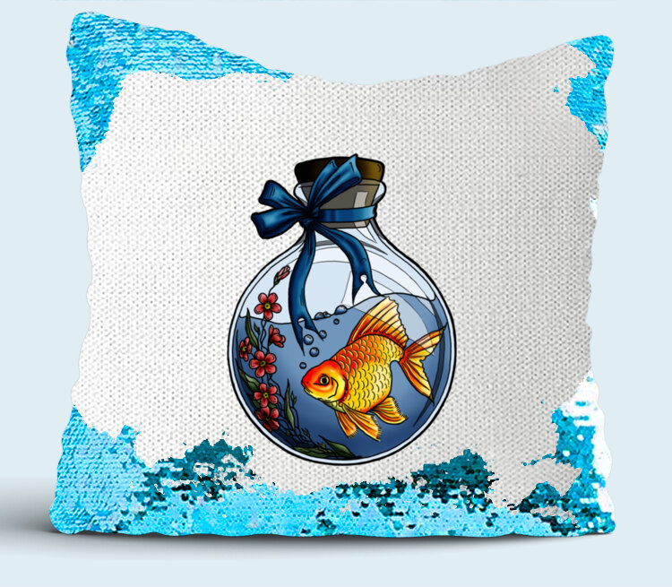 Золотая рыбка подушка с пайетками (цвет: белый + синий)