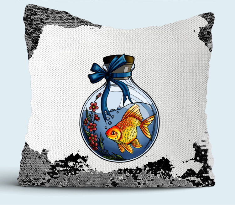Золотая рыбка подушка с пайетками (цвет: белый + черный)