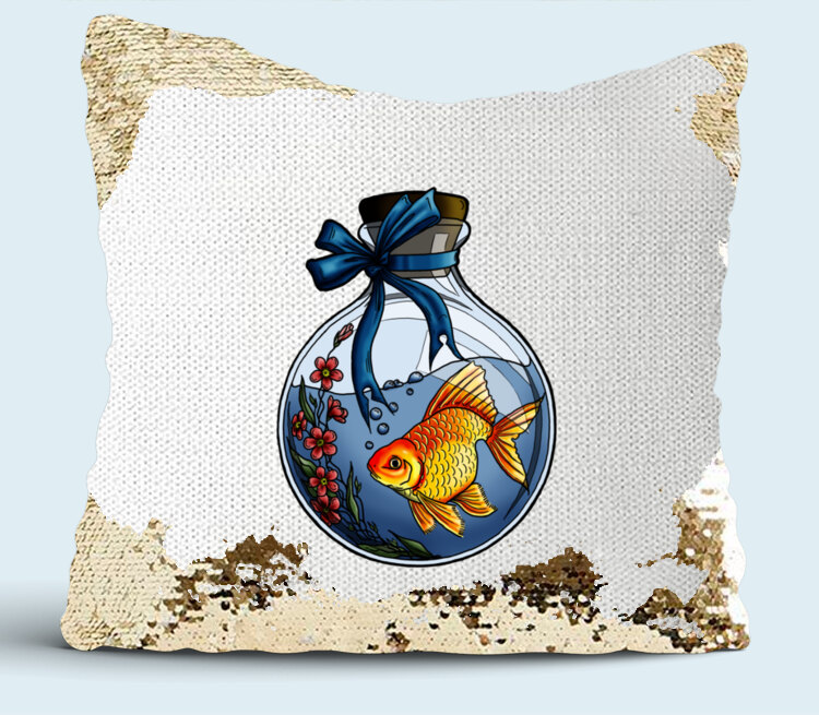 Золотая рыбка подушка с пайетками (цвет: белый + золотой)