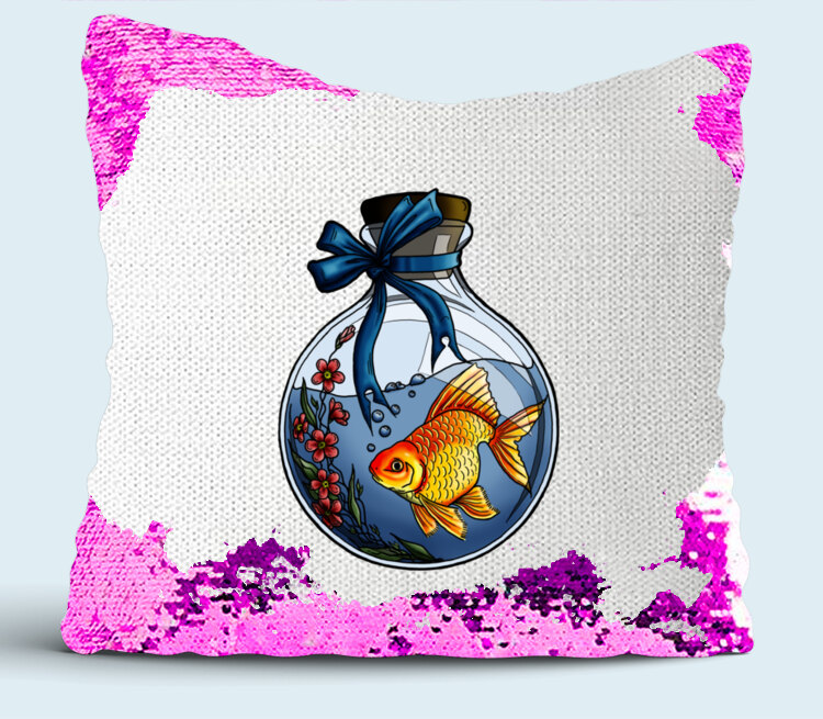 Золотая рыбка подушка с пайетками (цвет: белый + сиреневый)