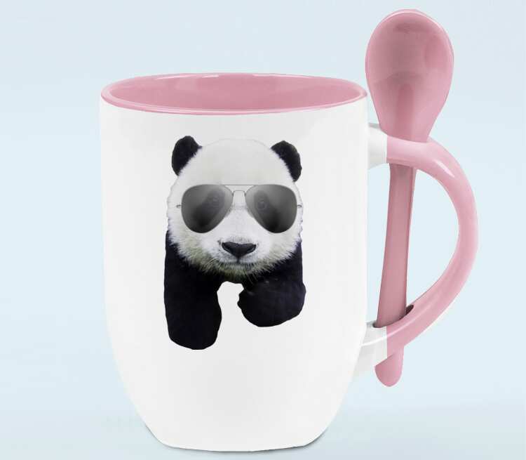 Панд в очках кружка с ложкой в ручке (цвет: белый + розовый)