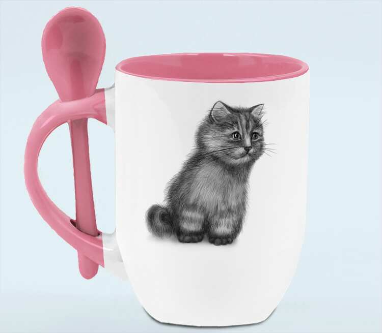 Кот кружка с ложкой в ручке (цвет: белый + розовый)