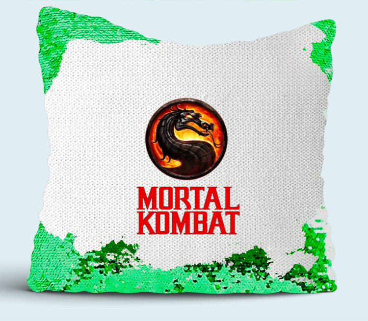 Мортал Комбат Лого подушка с пайетками (цвет: белый + зеленый)