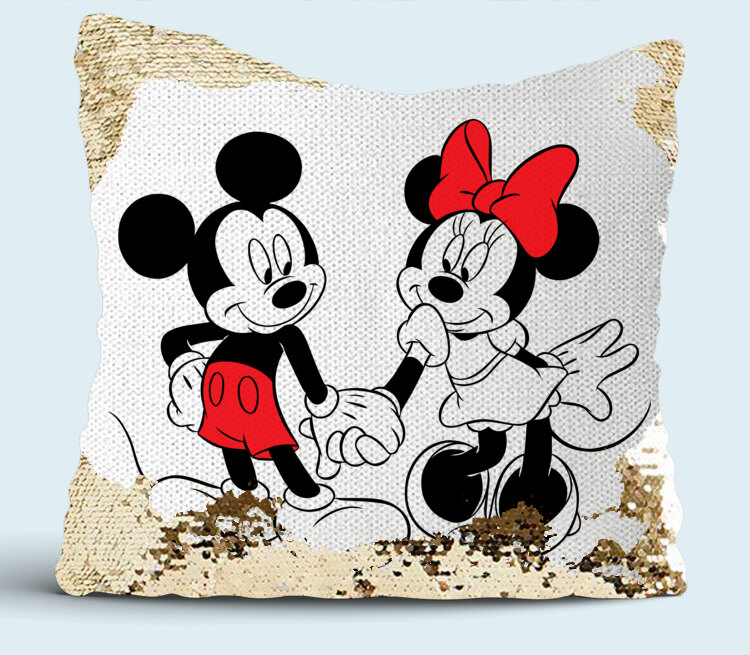 Влюбленные Микки и Минни маус подушка с пайетками (цвет: белый + золотой)