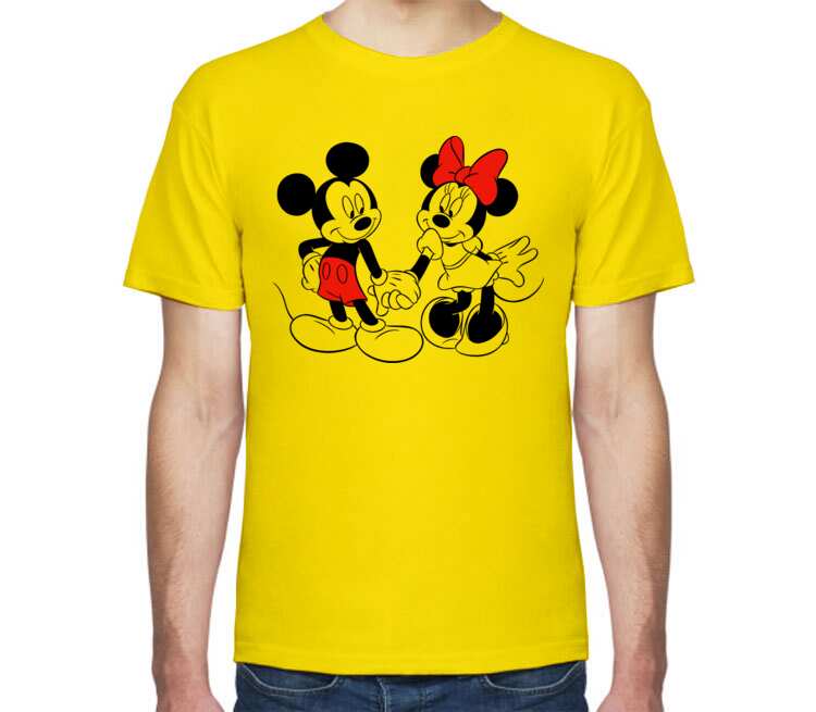 Влюбленные Микки и Минни маус мужская футболка с коротким рукавом (цвет: светло желтый)