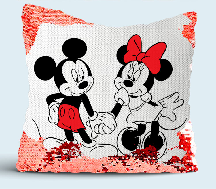 Влюбленные Микки и Минни маус подушка с пайетками (цвет: белый + красный)